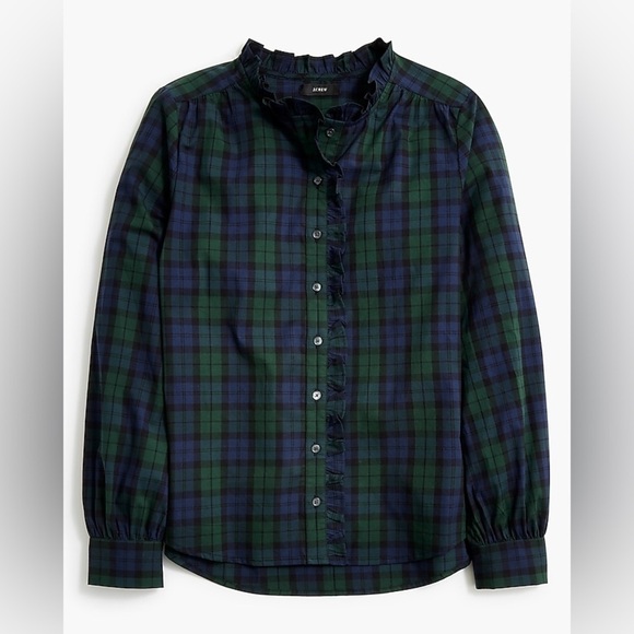 J. Crew Factory Black Watch Plaid Ruffle-Neck Top - Picture 1 of 7